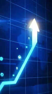 Financial growth concept with a glowing arrow rising on a blue digital grid with data icons