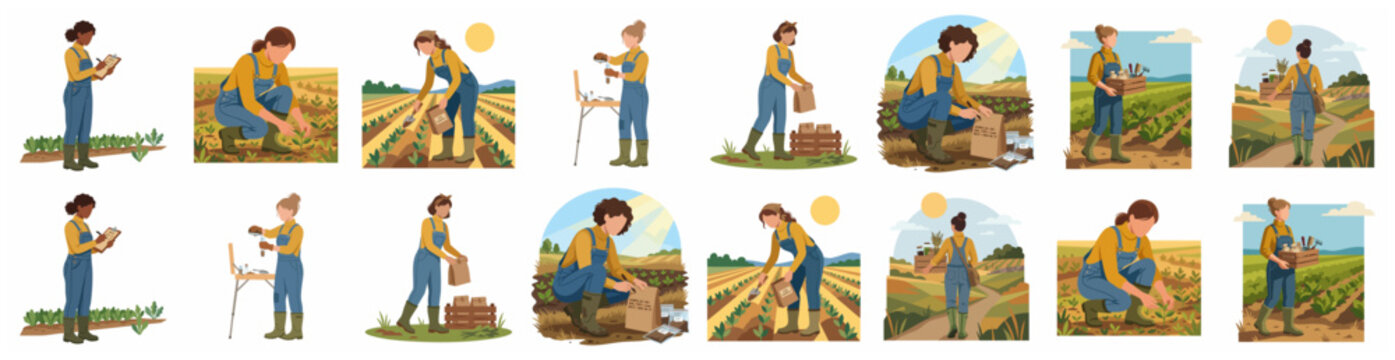 Set of Flat Illustrations of Female Farmers and Agronomists Working in Agricultural Fields, Soil Sampling, and Plant Research