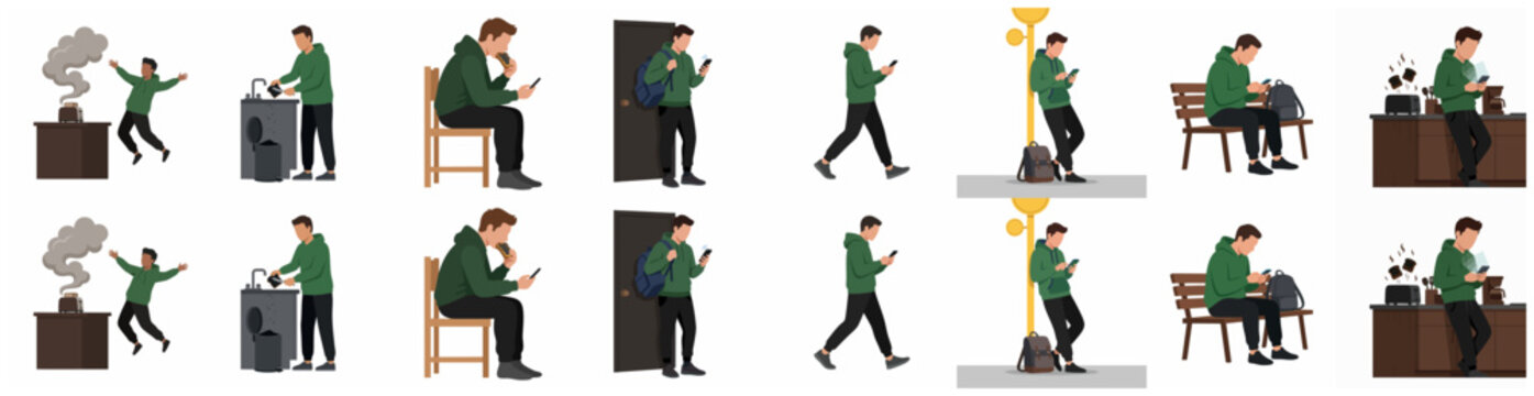 Smartphone Addiction and Digital Distraction in Daily Life Vector Illustration Set