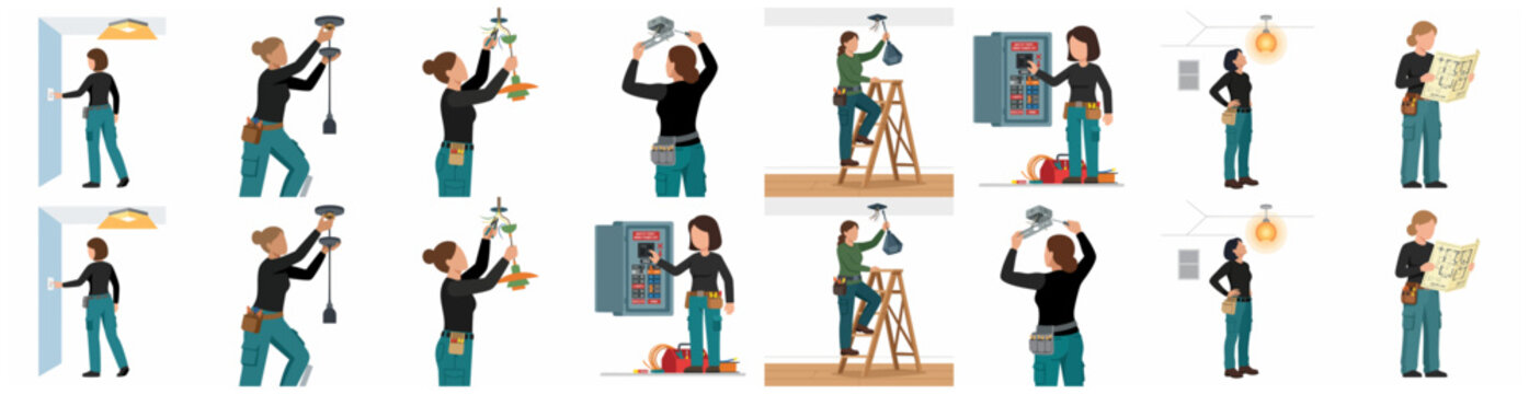 Female electrician character set performing various tasks like installing lamps, fixing wiring, and checking electrical panels in flat vector style