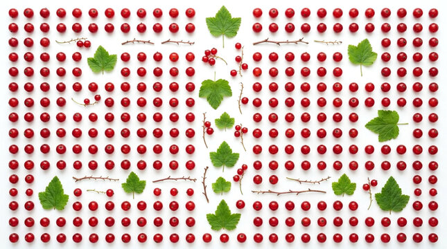 Pattern of red currant berries and green leaves arranged on white background