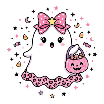 Cute Pink Halloween Ghost with Leopard Bow and Candy Bucket Kawaii Vector Illustration