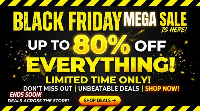 A promotional sign displays a Black Friday sale advertisement with large discounts on everything.