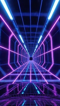 Futuristic car driving through a neon grid tunnel with pink and blue lights in a seamless loop