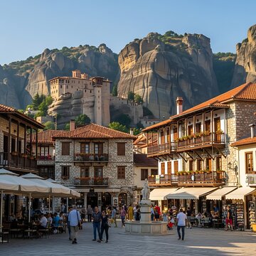 Charming European Town Square with Historic Buildings and Mountain Backdrop.