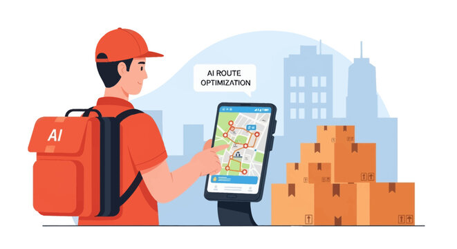 Delivery worker in red uniform using a tablet for AI route optimization with an orange AI backpack and stacked cardboard boxes against a city background vector illustration.