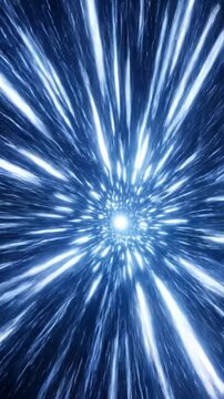 Futuristic tunnel of light with speed lines and motion blur in bright white and blue colors