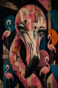 Surreal Flamingo Portrait Collage with Abstract Geometric Shapes and Vintage Paper Texture