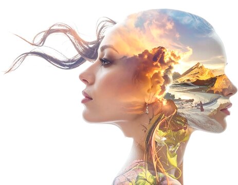 A surreal portrait of a woman with a serene landscape inside her head