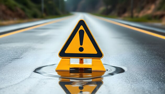Yellow warning triangle sign with exclamation mark on a wet asphalt road symbolizing driving danger and caution