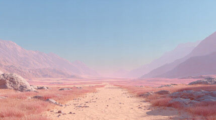Obraz premium Dreamy pastel desert landscape with dusty road, distant mountains and soft pink tones. Minimal surreal wilderness scene with copy space, tranquil atmosphere and cinematic scenery.