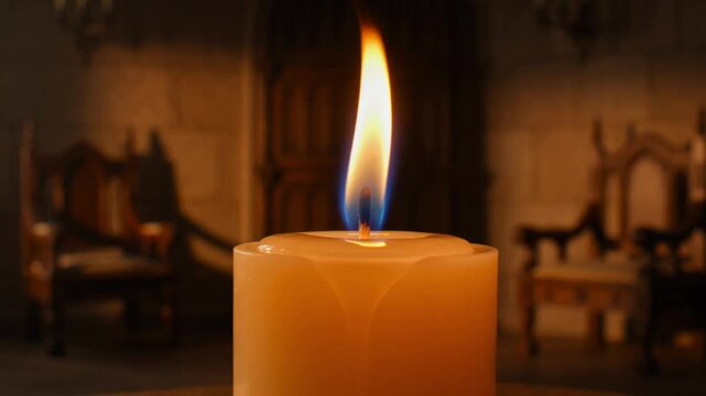 Warm candle flame illuminates ancient room with chairs and archways