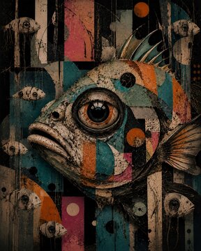 Surreal Fish Portrait Collage with Abstract Geometric Shapes and Vintage Paper Texture