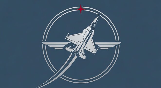Military fighter jet emblem with circular wing frame.