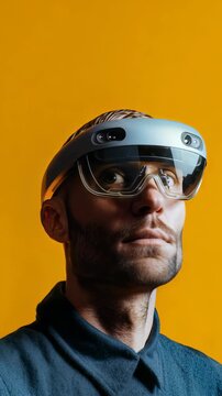 Portrait of a stylish male using advanced AR headset, highlighting innovation and tech trends. The yellow backdrop emphasizes the cutting edge nature of augmented reality and digital transformation