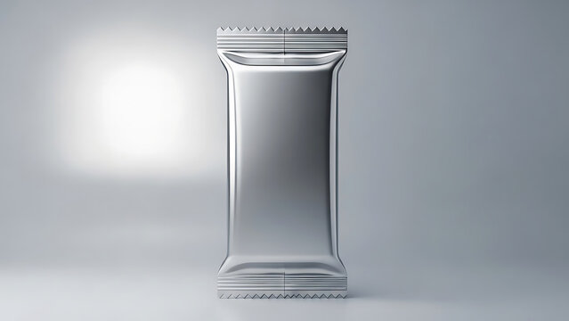 Silver foil wrapper for candy bar or snack on a light gray background packaging