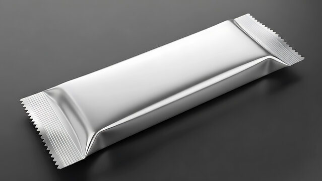 Silver foil wrapper for snack bar or candy on dark background packaging