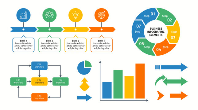 Business Infographic Elements Set with Charts Timeline and Workflow