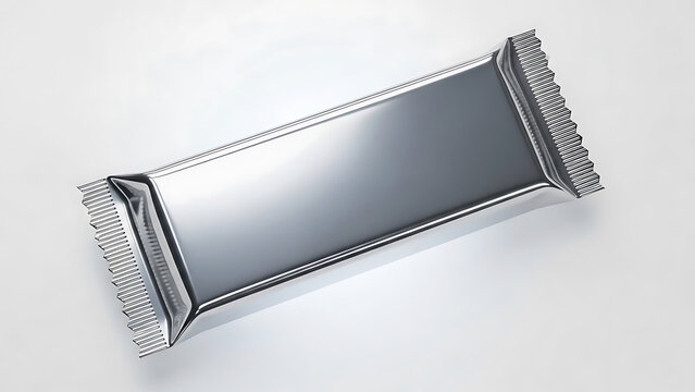 Silver foil wrapper with serrated edges on white background packaging snack