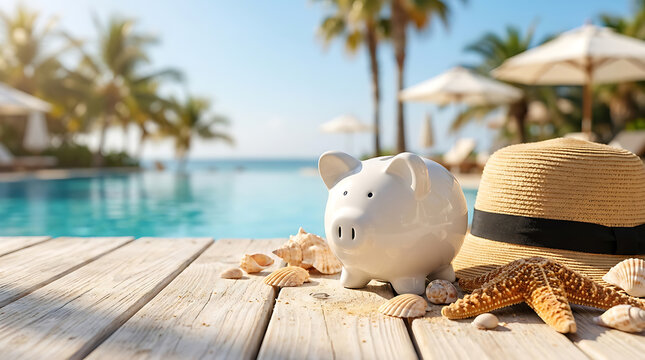 White Piggy Bank On Wooden Table With Summer Vacation Elements And Tropical Beach Background
