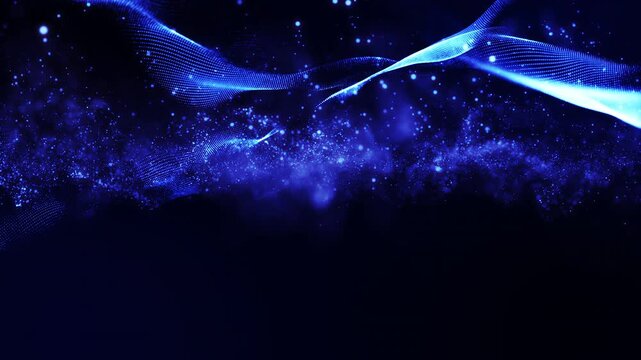 Deep blue waves ripple across dark space. Glistening particles drift like stars in cosmic currents. Vibrant trails of light pulse through abstract forms. The image evokes mystery and digital wonder