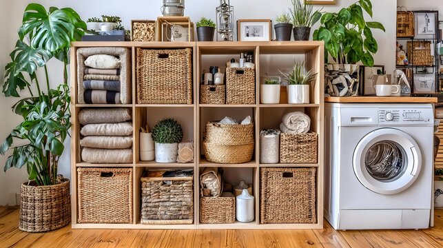 room with organized shelves, baskets, clean surfaces, practical and modern home utility area