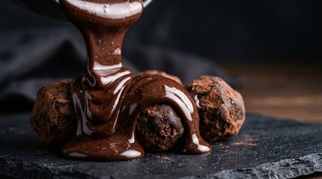 A delicious dark chocolate ganache slowly pouring over rich handcrafted cocoa truffle balls placed on a rustic stone slate tray