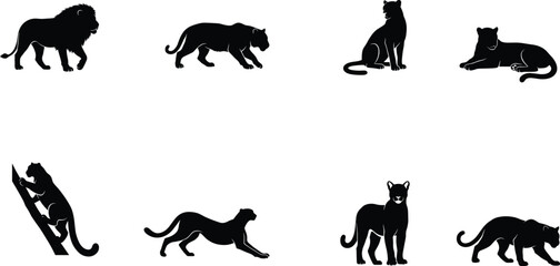 Obraz premium Big Cat Silhouette Icon Set Featuring Lion Panther Leopard Puma and Wild Feline Poses Collection