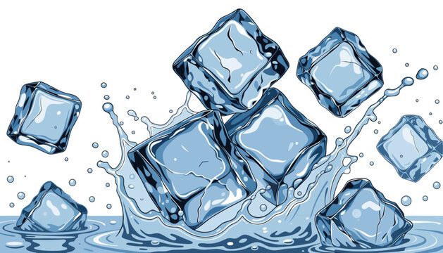 Ice Cubes, Frozen Water, Splashing Blocks, Cool Liquid