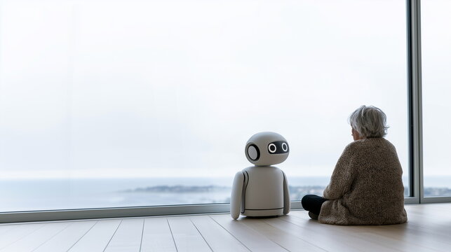 An elderly person sitting by a wide window overlooking the sea, gazing out, and a robot accompanying them from the side. AI Healthcare, Silver Town, Senior Life, Future Technology.