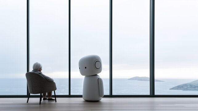 An elderly person sitting in a chair by a wide window overlooking the sea, looking out the window, and a robot watching from the side. AI Healthcare, Silver Town, Senior Life, Future Technology.