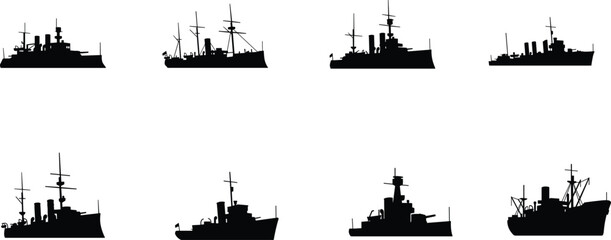 Historic Naval Warship Silhouette Collection Featuring Battleships, Destroyers, Cruisers and Military Ships Vector Set © MdShahin