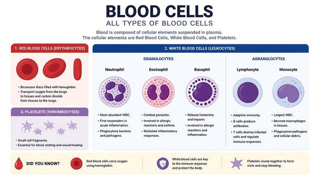Educational flat illustration diagram showing types of human blood cells including RBC, WBC and platelets