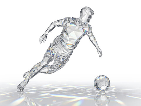 クリスタルガラスで形成された輝かしいサッカー選手の3D抽象的イラスト