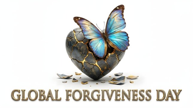 Two Blue Butterflies Resting on Heart-Shaped Wooden Surface with Global Forgiveness Theme