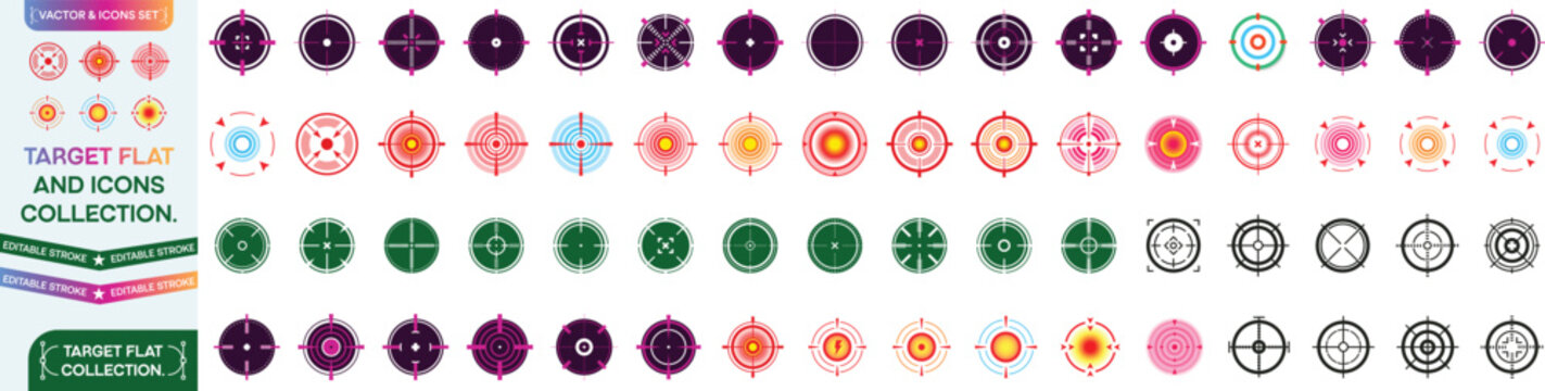 Target flat icons collection. Colored targets in different styles big set. Aim gun icons. Aim sniper shoot icons. Set of take aim target icon. Vector illustration.
