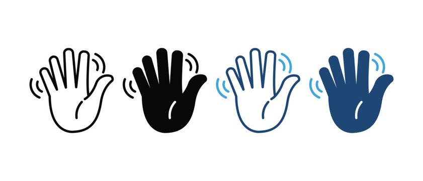 Waving Hand Gesture Line And Solid Icon Set. Greeting, Farewell, And Communication Symbol Collection. Social Interaction And Connection. Isolated Vector Illustration