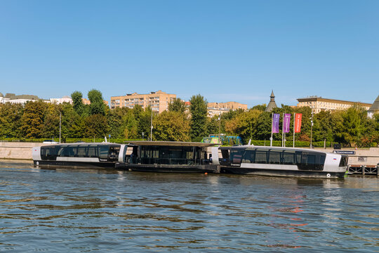 Moscow, Russia - September 11, 2025: Novospassky river tram station.  Pier for the river tram stop on Krasnokholmskaya embankment. Moscow river scape.
