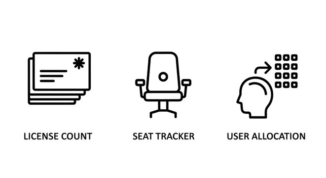 Business administration and license management line icon set with allocation business administration software management corporate licensing subscription workplace employee planning