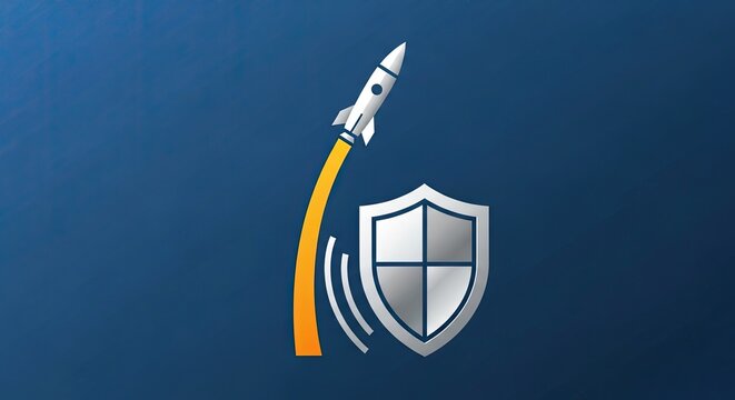Missile defense system icon with rocket and shield.