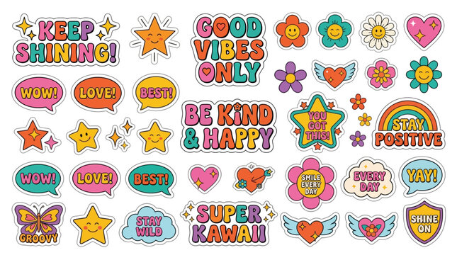 Retro Groovy Sticker Pack with Positive Messages and Cute Elements.