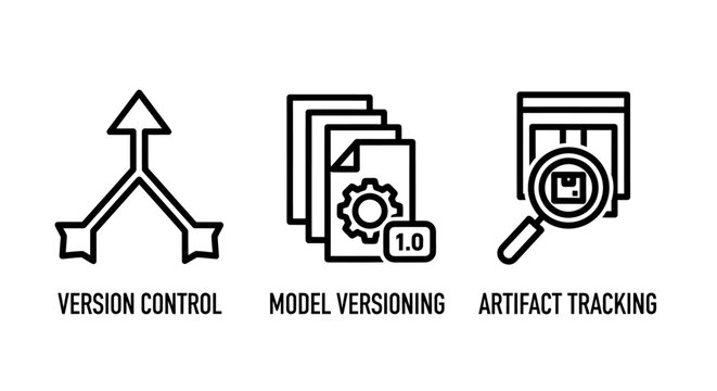 Software development life cycle icons set: version control model versioning artifact tracking with versioning tracking software development infrastructure deployment repository management
