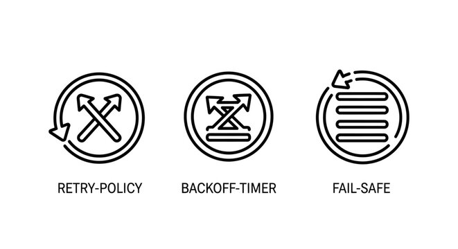 Set of technical process icons for retry policy backoff timer and fail safe with failsafe technical management automation development handling software computing workflow sequence protocol