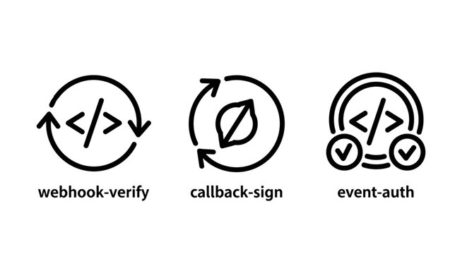 Web development icons set showing webhook verification callback signing and event authentication with callback authentication verification development security programming software connection