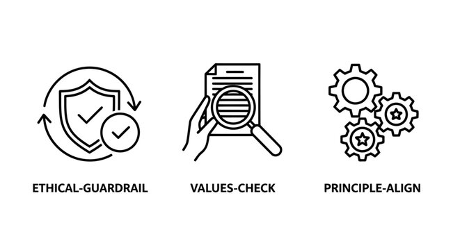 Corporate governance and ethical principles icons with magnifying document guardrail principles alignment business compliance integrity strategy management leadership corporate security