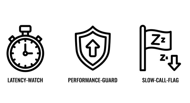 It performance monitoring icons for latency watch performance guard and slow call flag analysis with performance monitoring optimization analysis technology development infrastructure software