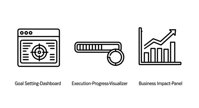 Business process and development icon set representing web search optimization loading progress and growth strategy with optimization progress strategy business development performance analytics