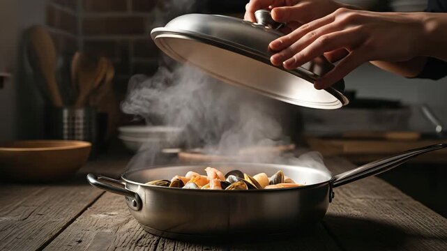 Chef lifting lid from pan with steaming seafood