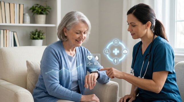 Female doctor monitoring senior woman health data on smartwatch using medical app, telemedicine and remote patient care concept in home living room setting.