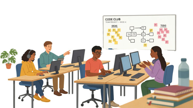Diverse group of students studying together in a bright classroom Vector